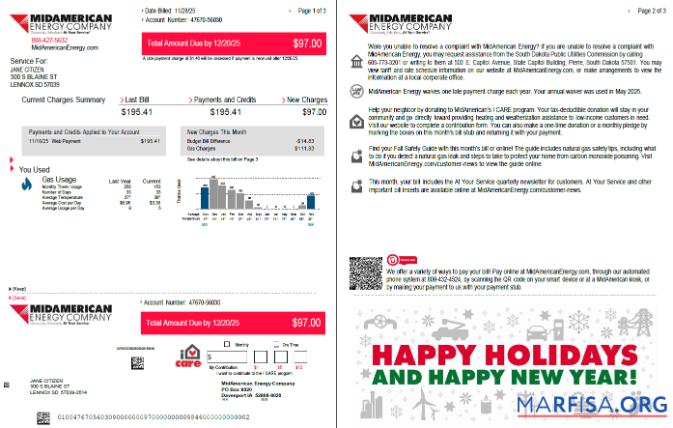 Realistic USA MidAmerican Energy Company utility bill template in Word and PDF formats, 3 pages, 1 2 pages
